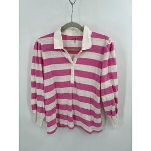 Loft Pink Striped Rugby Polo Shirt Long Sleeve Puff Shoulder Preppy Coastal M